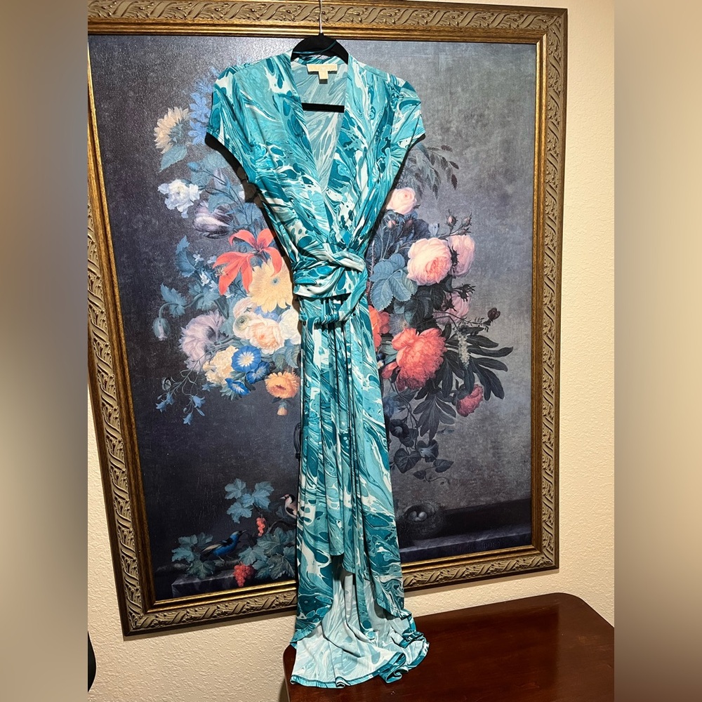 Michael Kors Faux Wrap Turquoise/White Maxi Dress